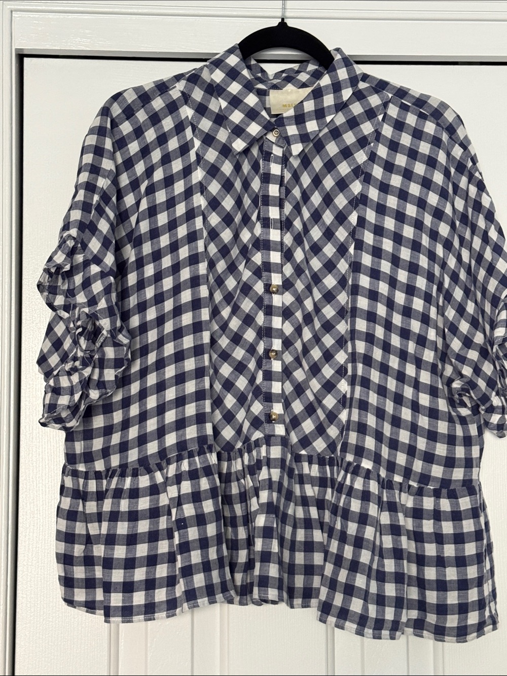 Anthropologie Navy and White Gingham Ruffle-Trim Button Front Peplum Blouse